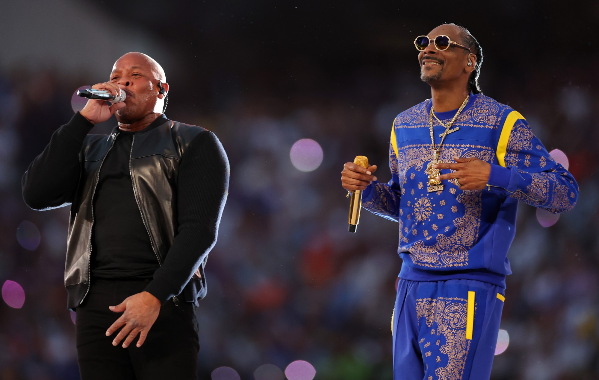 Dr. Dre and Snoop Dogg during the Super Bowl Halftime Show, 2022. Credit: Kevin C. Cox/Getty Images