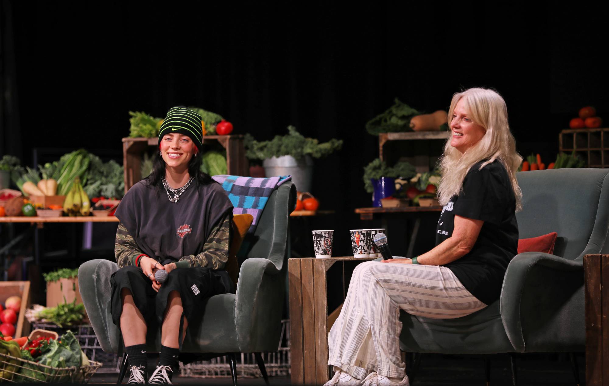 Billie Eilish and her mother Maggie Baird speak onstage during Overheated, a one-off climate activism event presented by Support + Feed and Billie Eilish at Flipper's Roller Boogie Palace on August 30, 2023 in London, England. (Photo by Dave Benett/Getty Images)