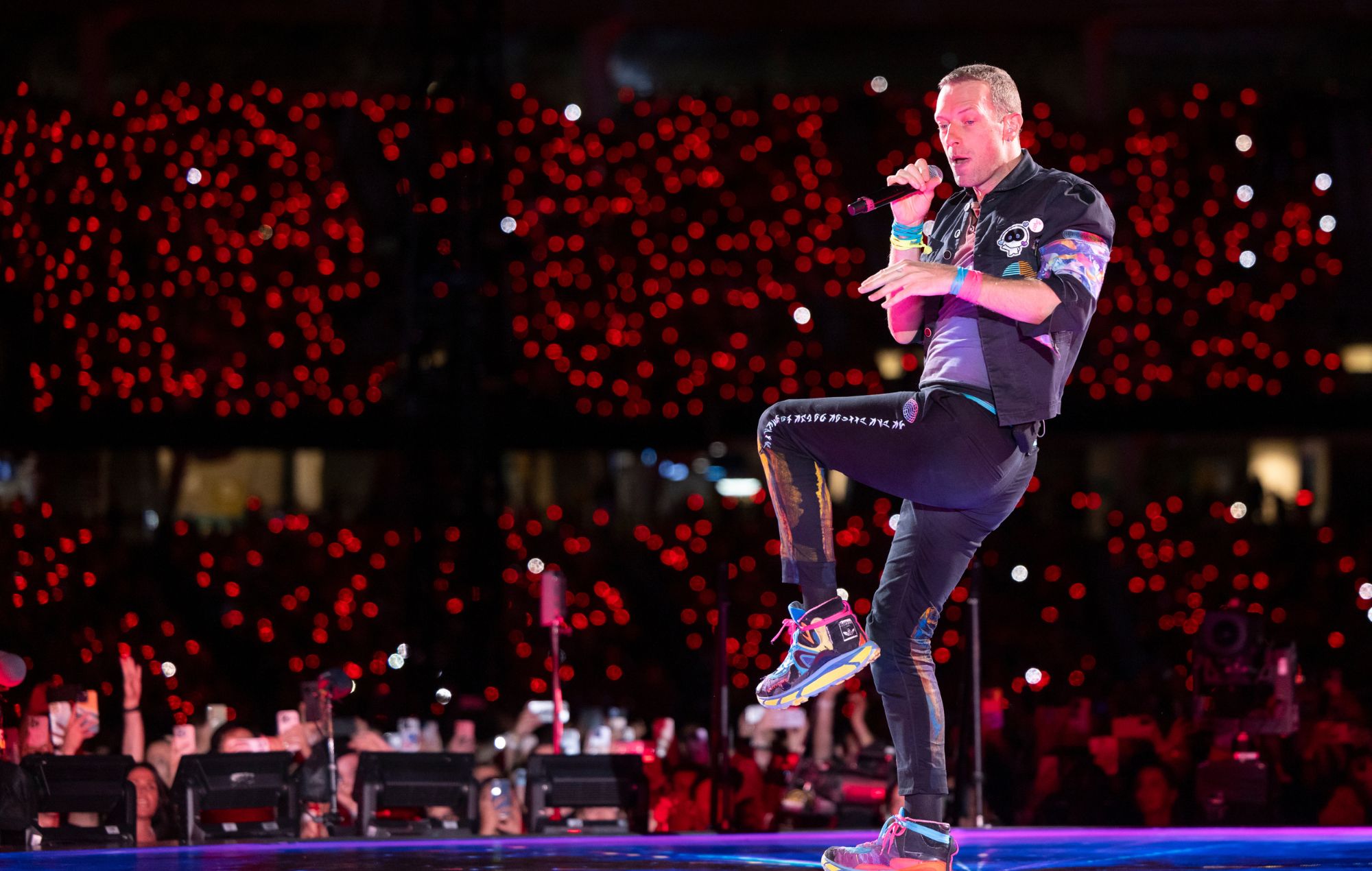 Chris Martin of Coldplay performs at Optus Stadium on November 18, 2023 in Perth, Australia.