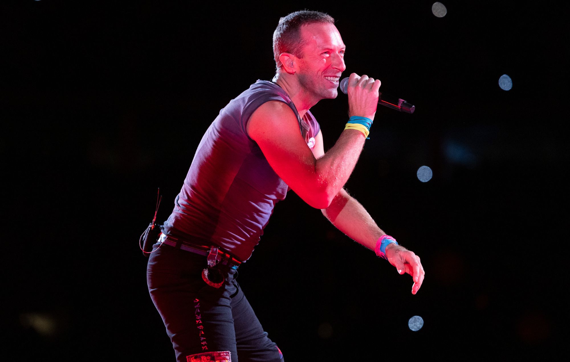 Chris Martin of Coldplay performs live on stage.