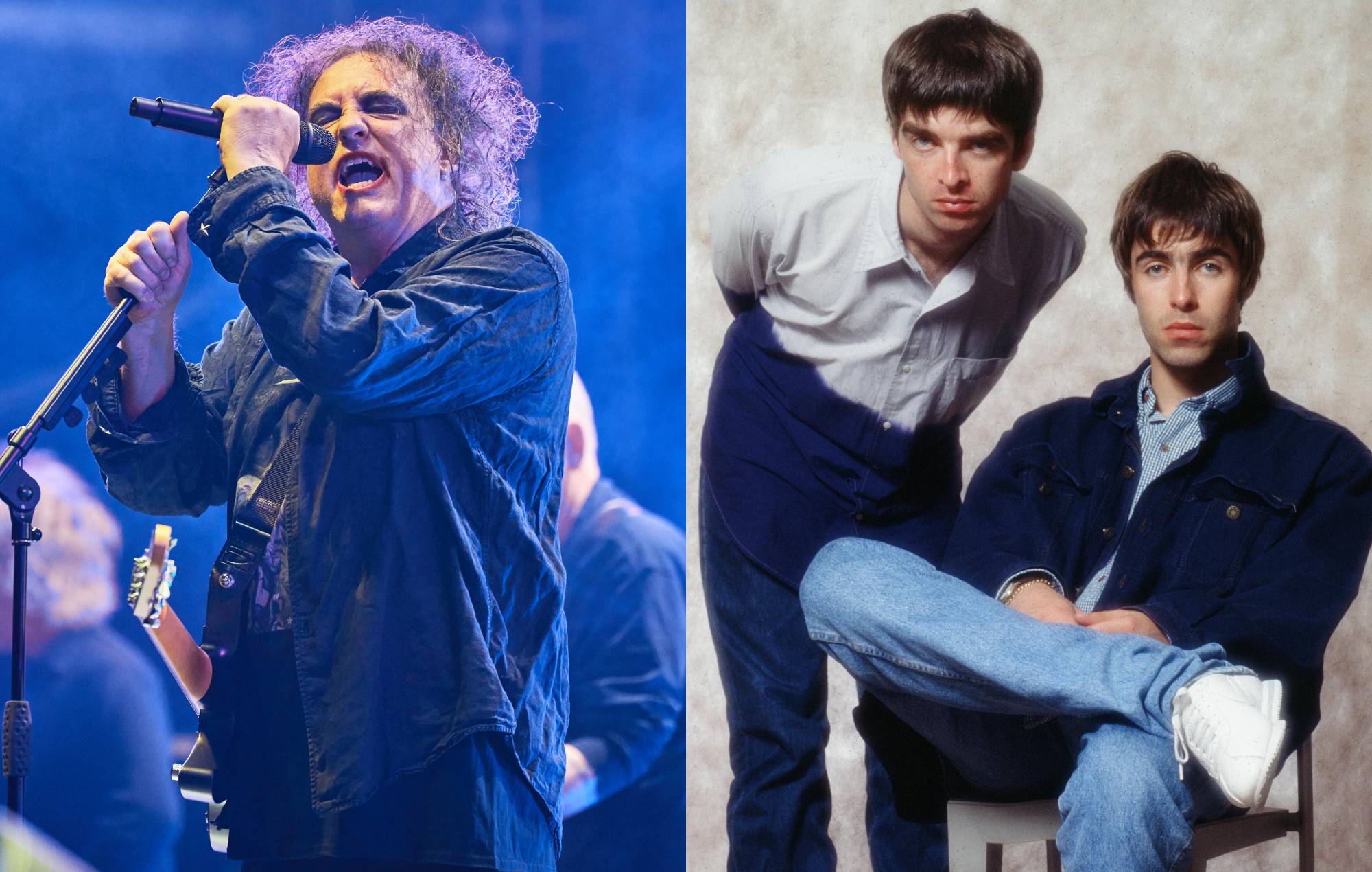 Robert Smith of The Cure performs, Noel Gallagher and Liam Gallagher of Oasis