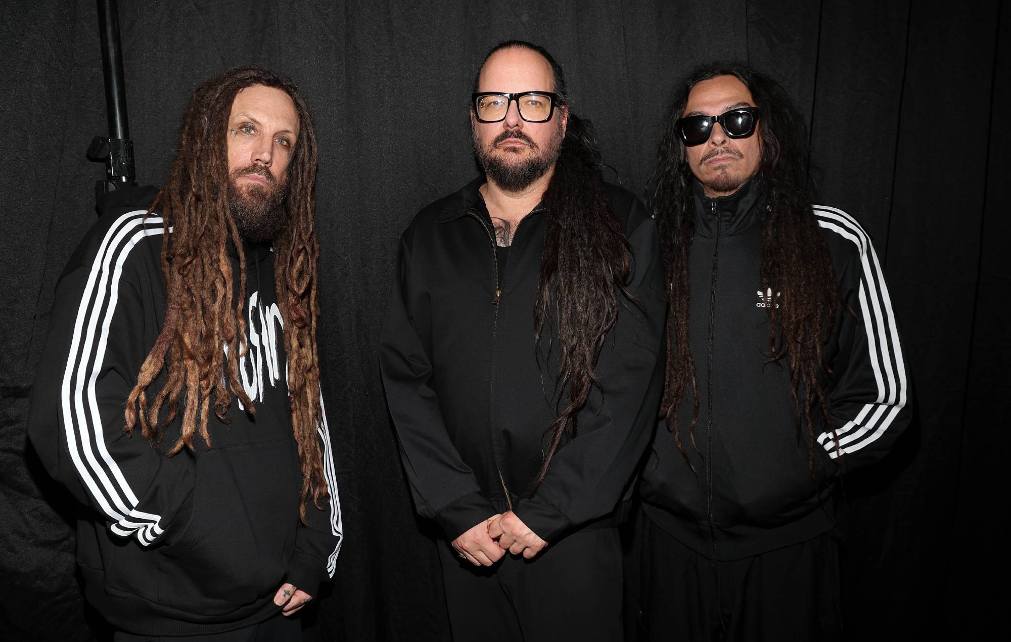 Brian Welch, Jonathan Davis and James Shaffer of KoRn attend adidas Originals x KoRn Retail Activation + Media Event on October 26, 2023 in Los Angeles, California. (Photo by Phillip Faraone/Getty Images for adidas Originals)