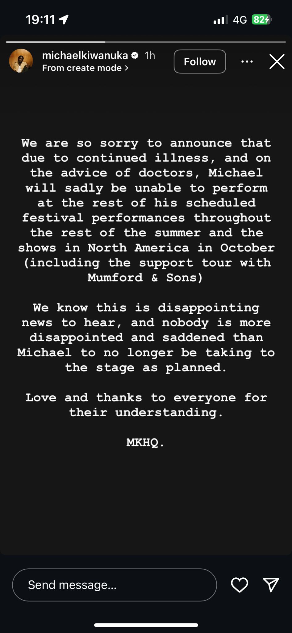 Michael Kiwanuka's Instagram story on 28th July 2025