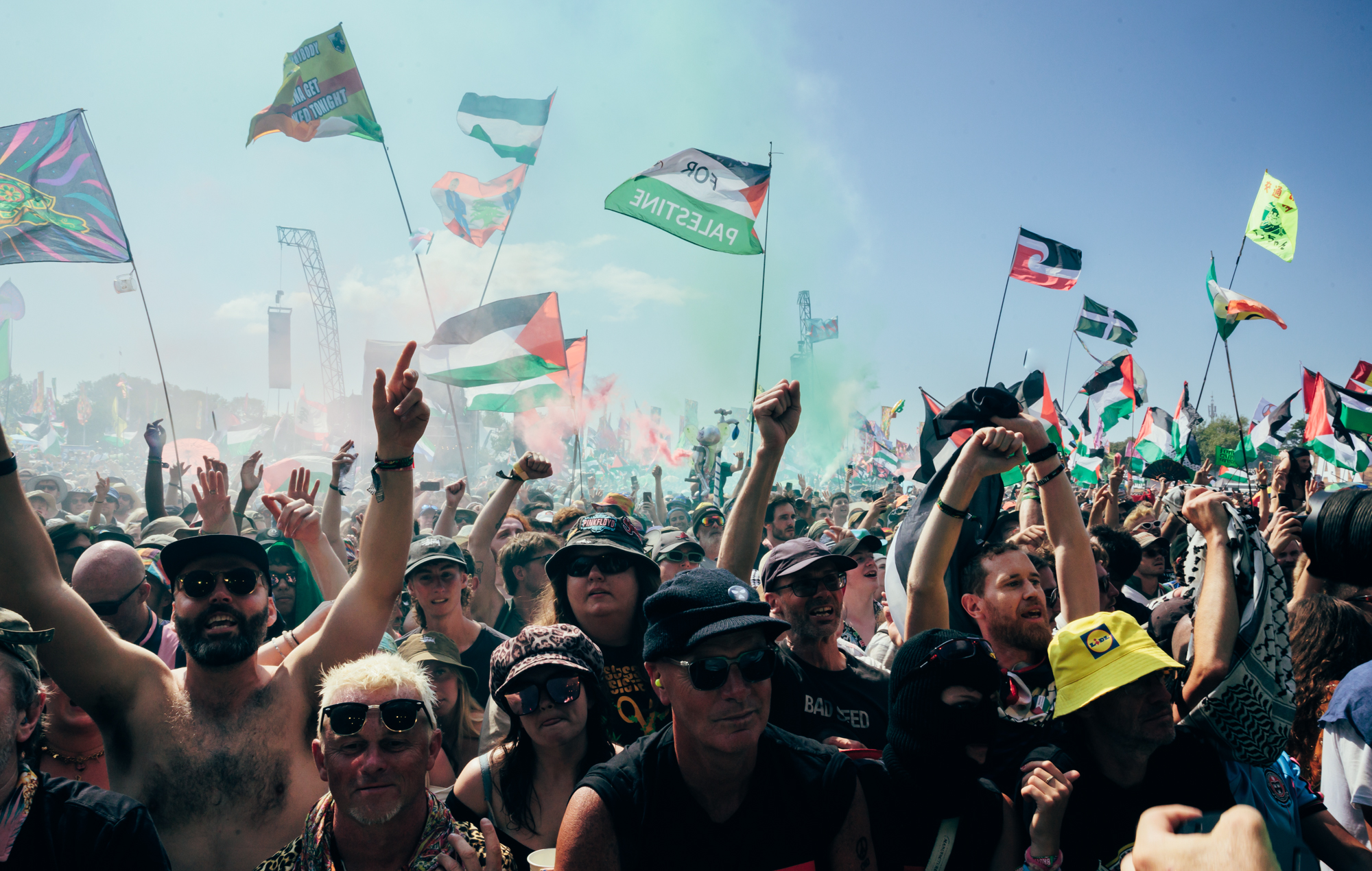 Crowds at the West Holts stage as Kneecap perform at Glastonbury 2025, photo by Andy Ford
