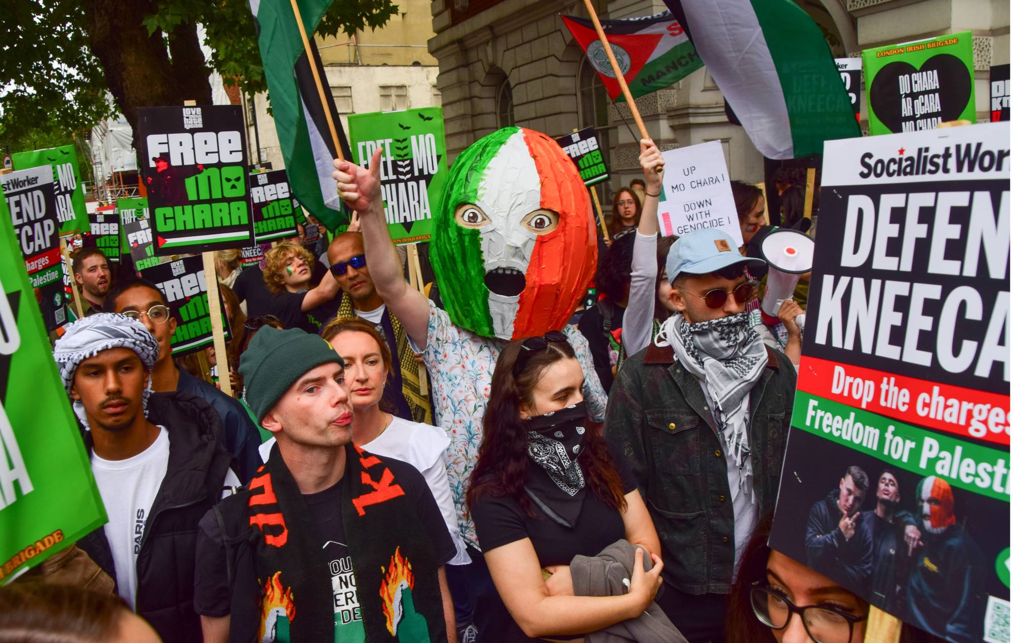 Protestors and Kneecap fans outside Westminster Magistrates Court in support of Mo Chara, real name is Liam Og O hAnnaidh (Photo by Vuk Valcic/SOPA Images/LightRocket via Getty Images)