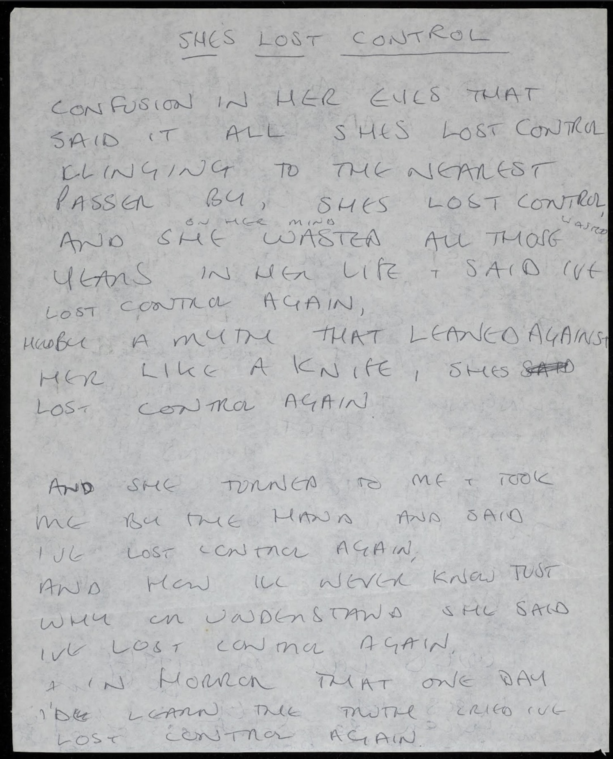 Handwritten lyric to 