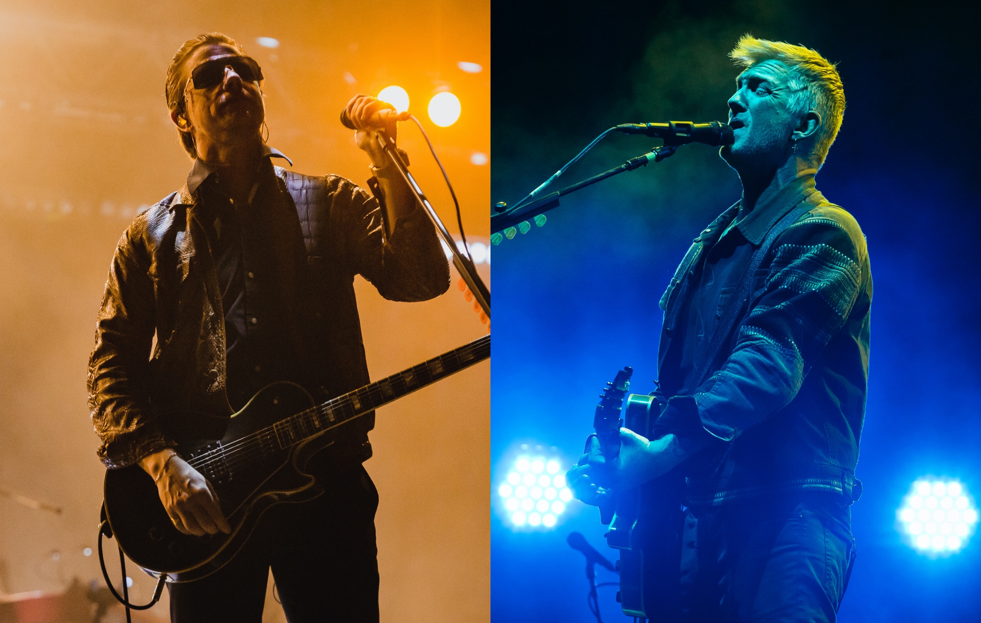 two side by side pictures of Interpol's Paul Banks (left) and Queens Of The Stone Age's Josh Homme (right) performing live on stage
