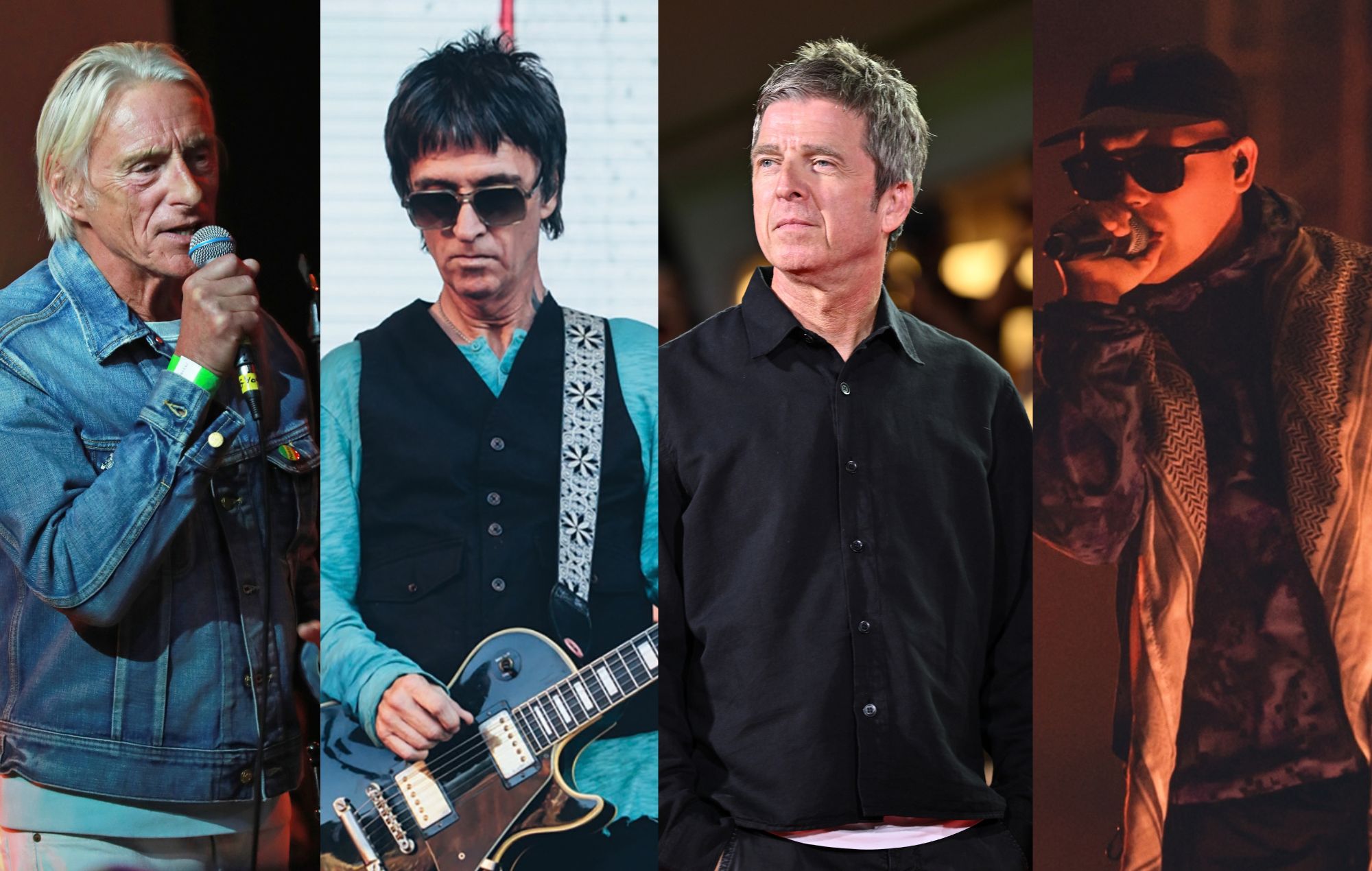 Paul Weller (Grant Buchanan/Getty), Johnny Marr (Andy Ford for NME), Noel Gallagher (Earl Gibson/Getty) and Kneecap (Andy Ford for NME)